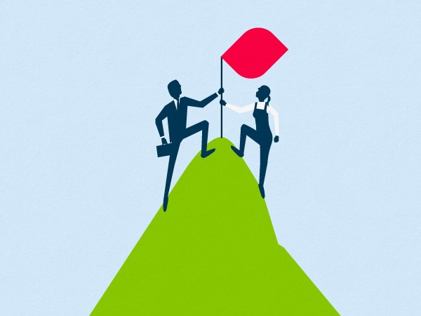 Zeichnung von zwei Personen, die eine Flagge auf die Spitze eines Bergs aufstellen